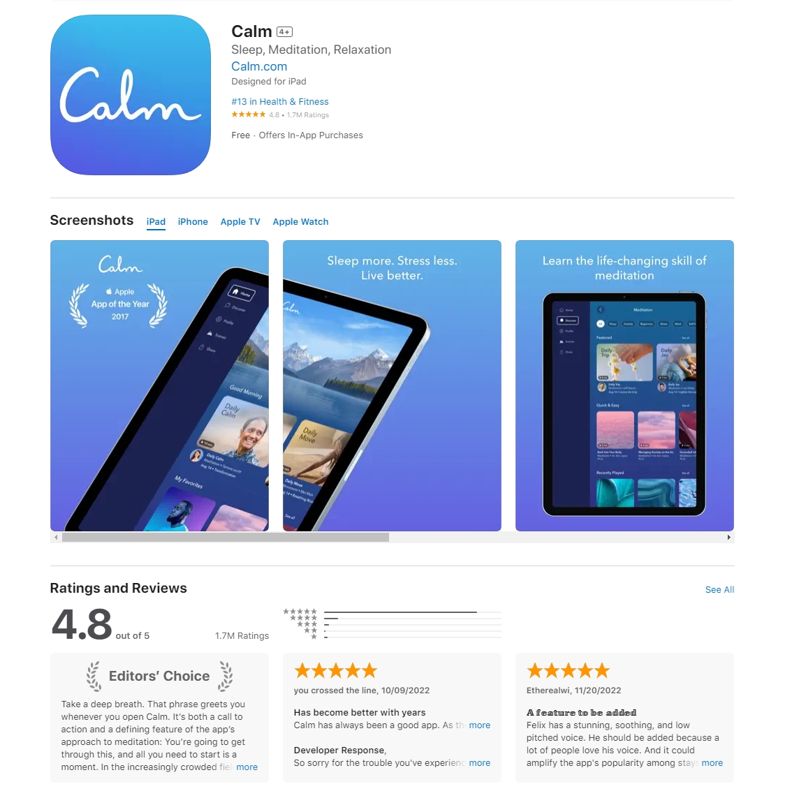 Calm app strore reviews
