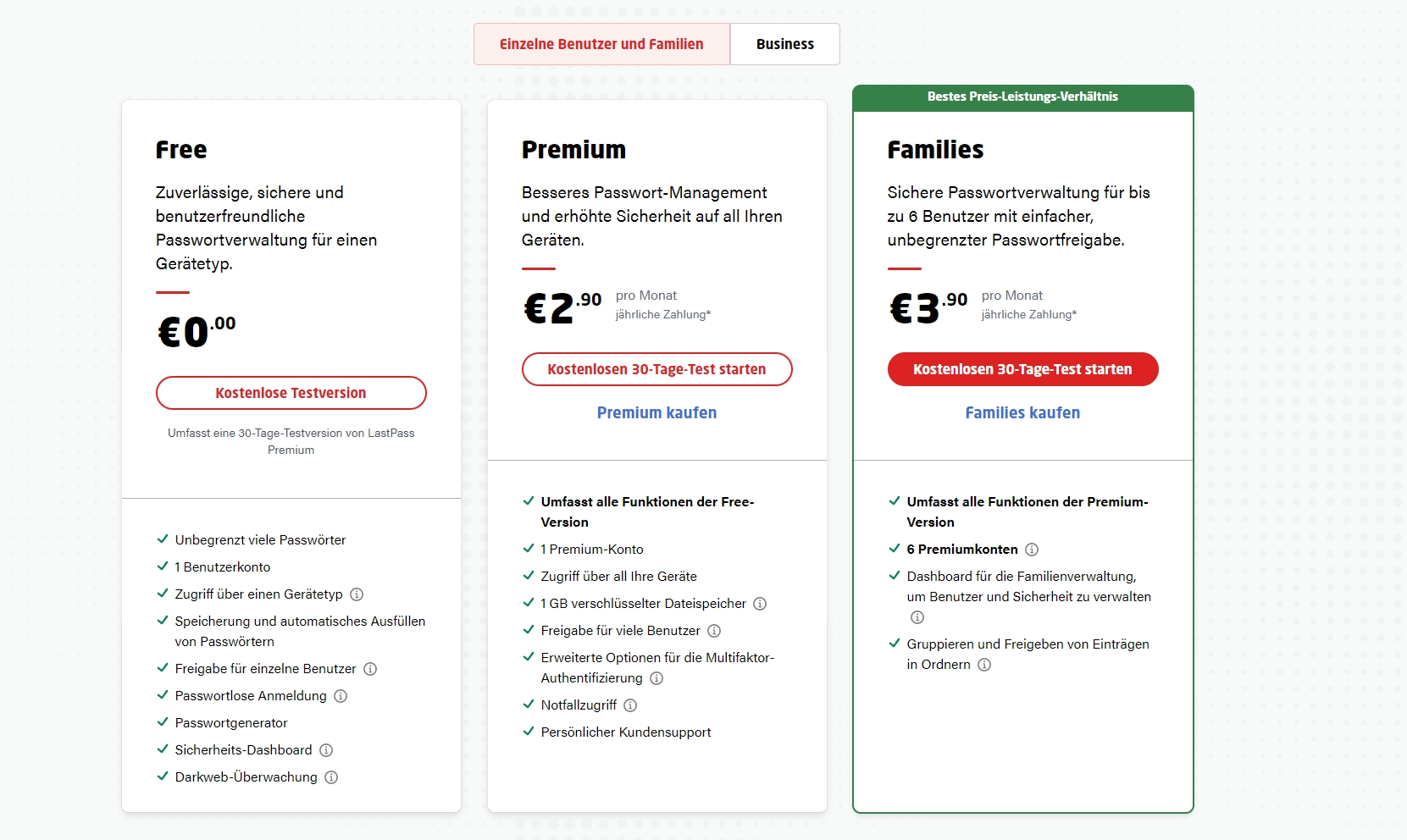 LastPass-Abonnementplan für Einzelbenutzer und Familien