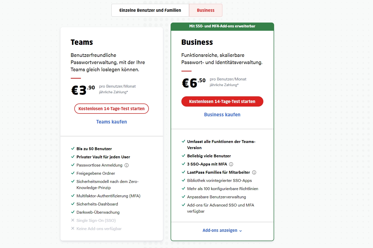 LastPass-Business-Abonnementplan