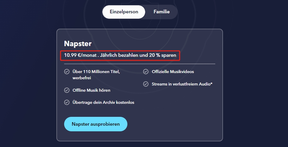 Napster-Einzelabonnementplan