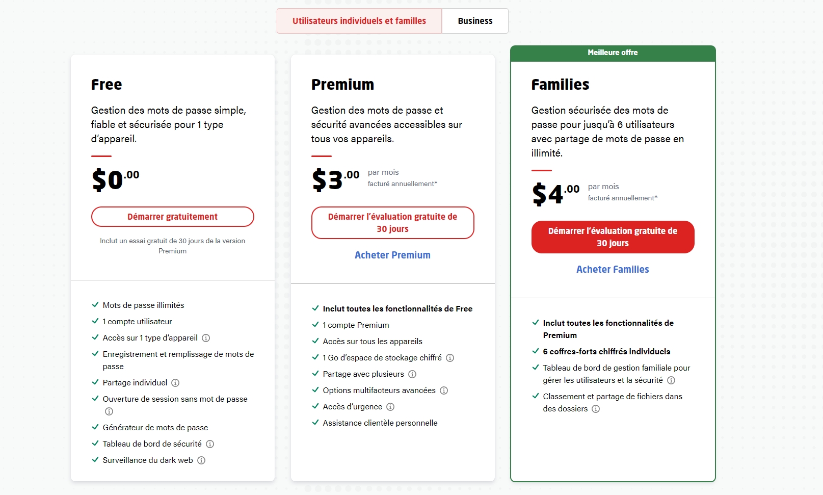 Plan d'abonnement LastPass pour utilisateurs uniques et familles