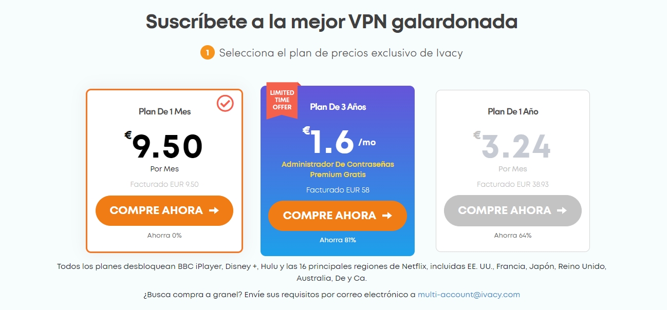 Plan de precios de suscripción a Ivacy VPN