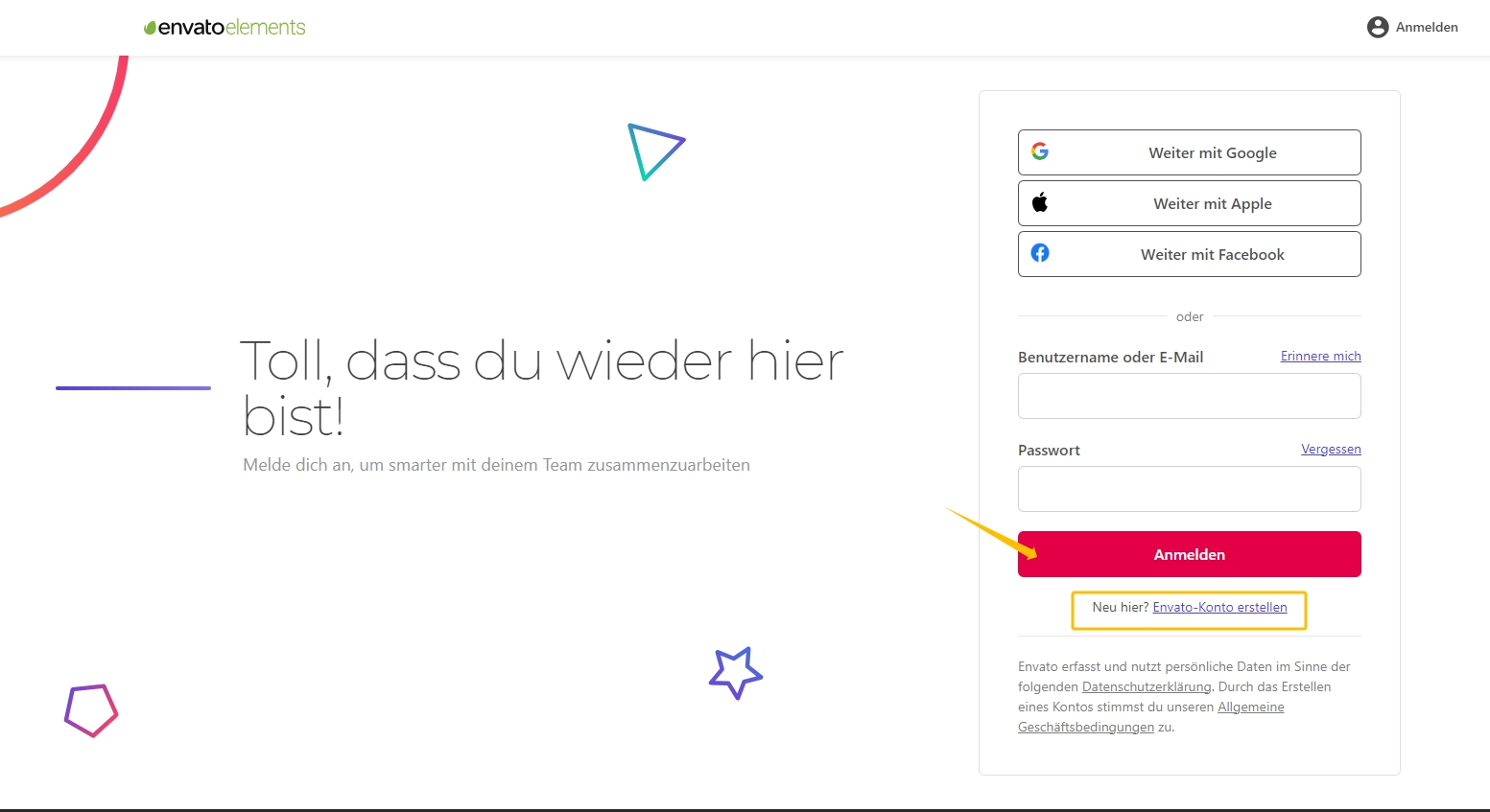 Melden Sie sich bei Envato Elements an