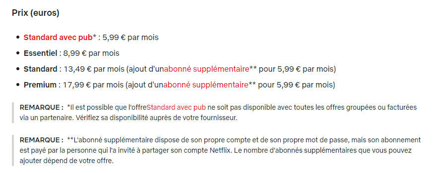 coût de l'abonnement netflix