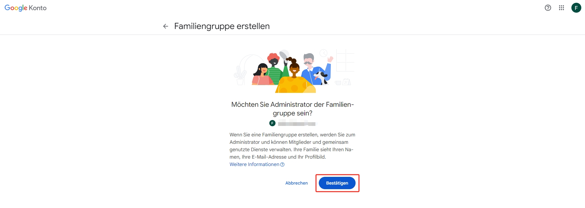 Bestätigen Sie, um eine Google-Familiengruppe zu erstellen