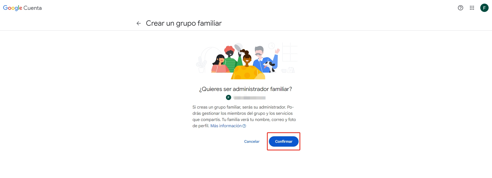 Confirmar para crear un grupo familiar de Google