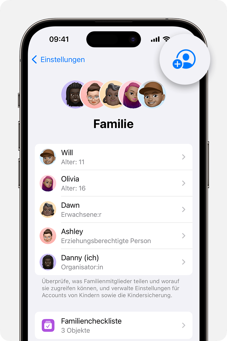 Laden Sie Familienmitglieder auf dem iPhone oder iPad mit iOS 16 oder höher ein