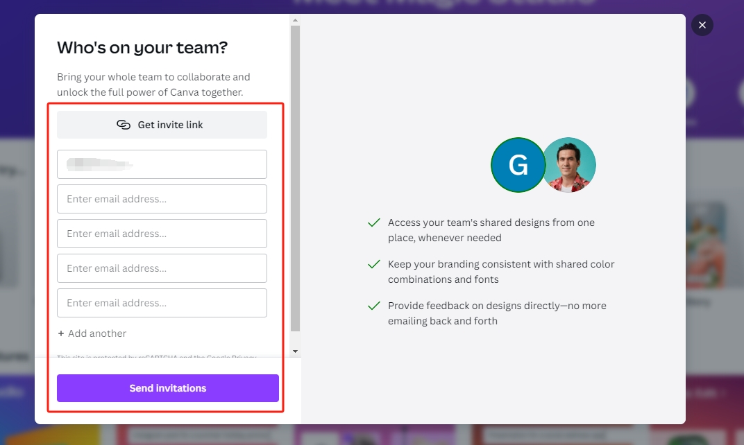 invite members to Canva by email or invite link