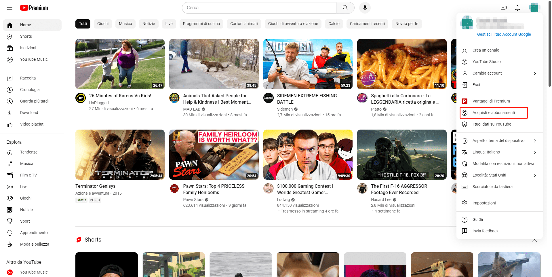 Acquisto e abbonamenti premium a YouTube