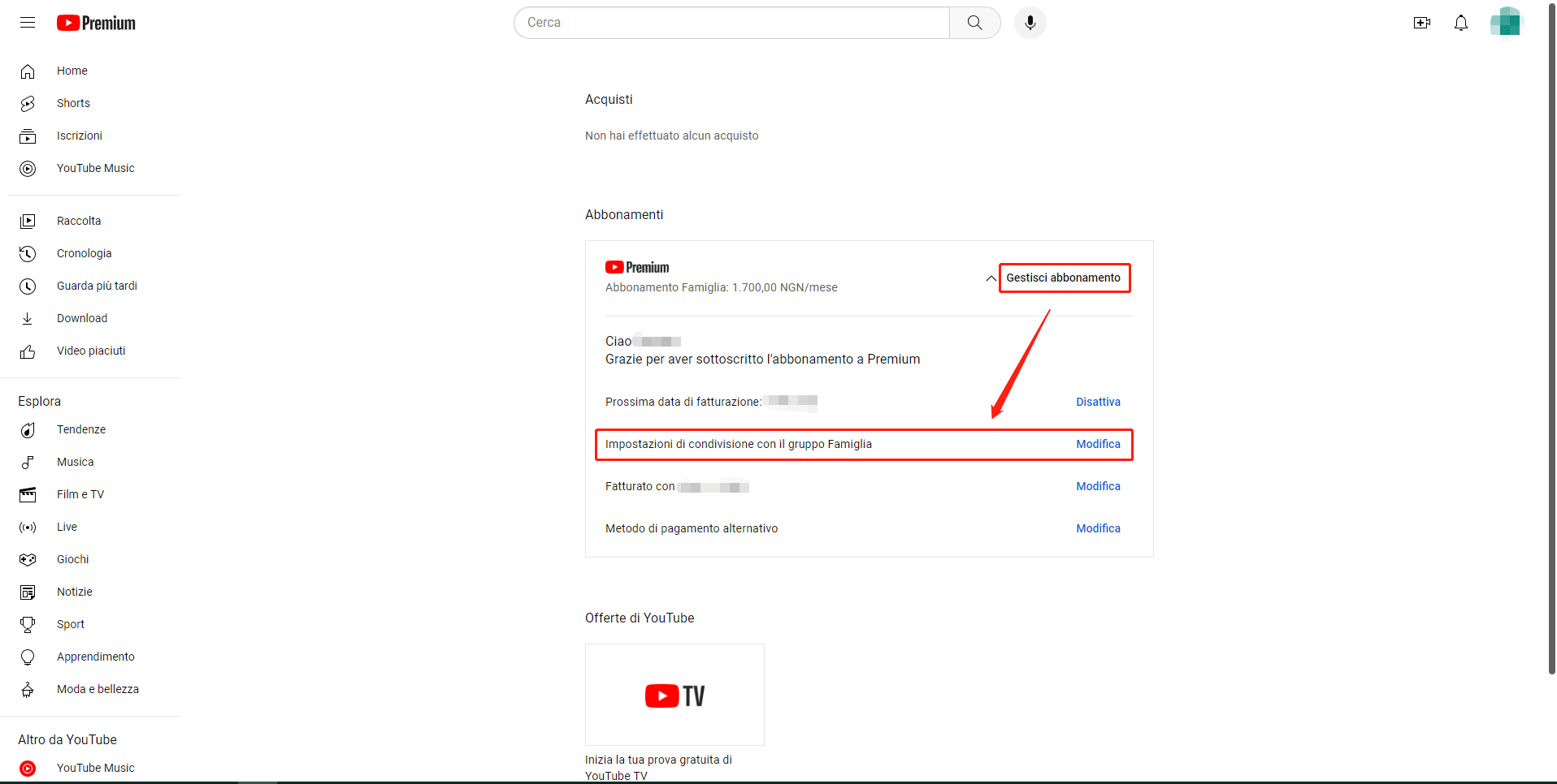 Gestisci abbonamento YouTube Premium