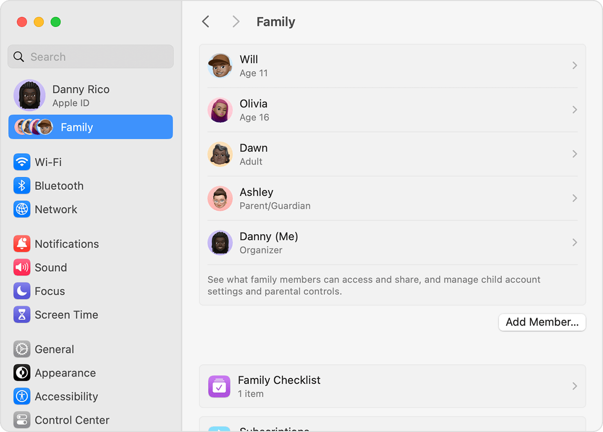 macos sonoma system settings family add member