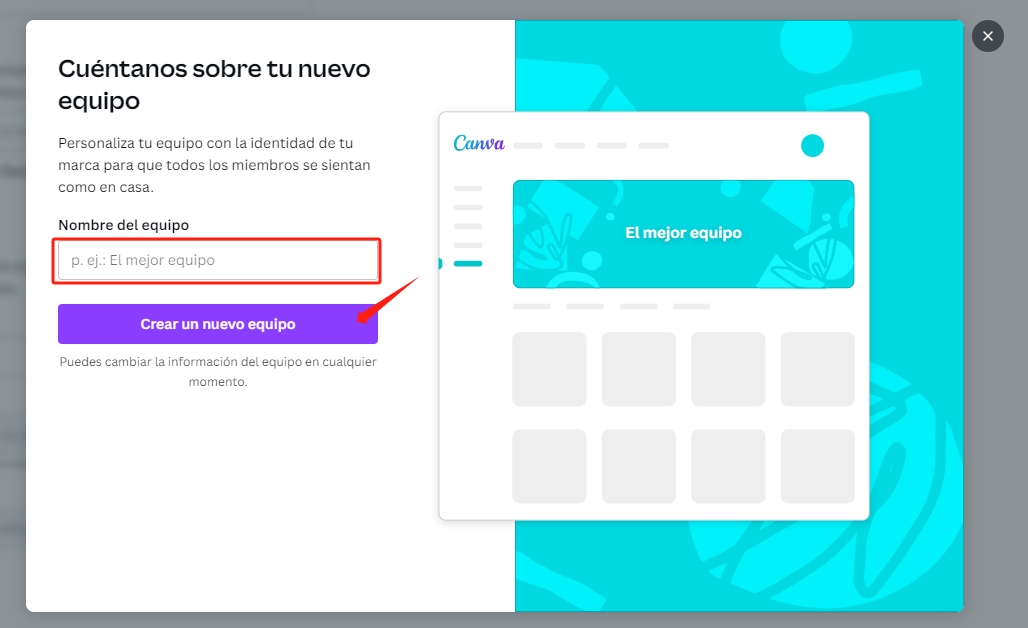 crear un nuevo Canva para equipos