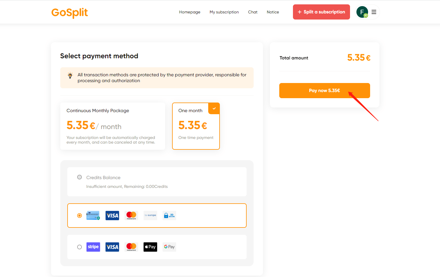 Select payment method