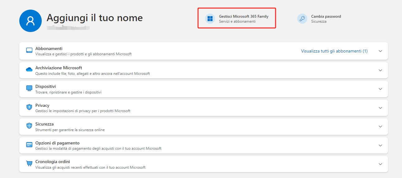 Gestire la famiglia Microsoft 365