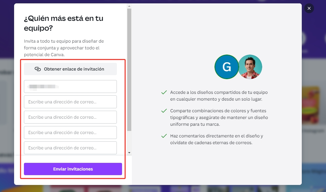 invitar a miembros a Canva por correo electrónico o enlace de invitación