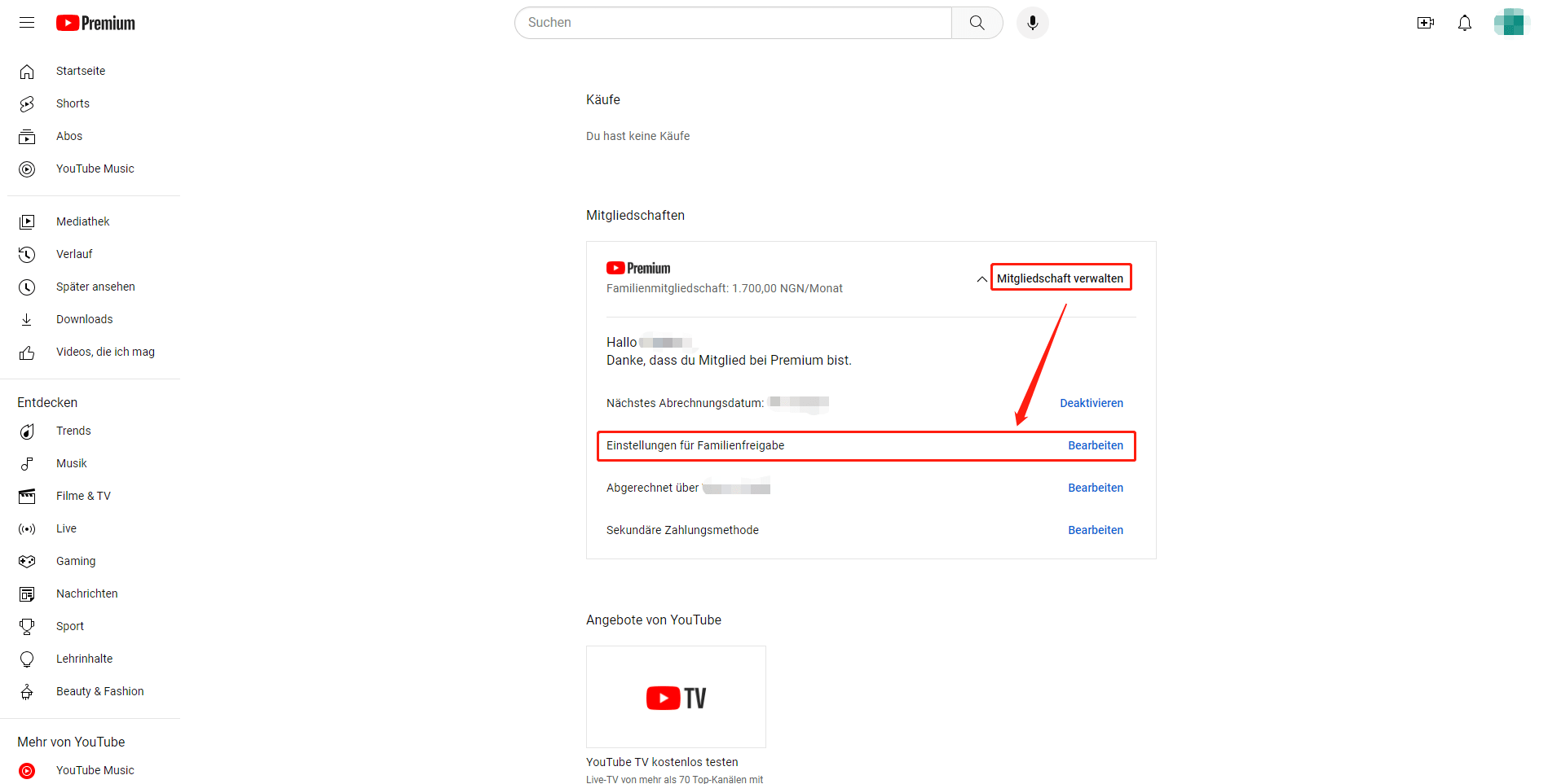 Verwalten Sie die YouTube Premium-Mitgliedschaft