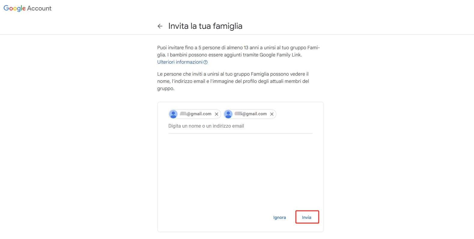 invita qualcuno a unirsi al tuo gruppo Famiglia Google