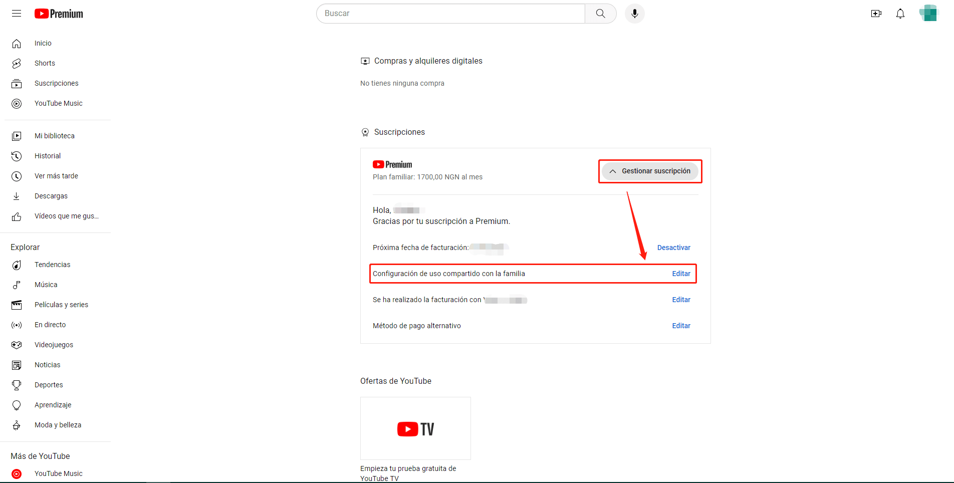 Gestionar suscripcion YouTube Premium