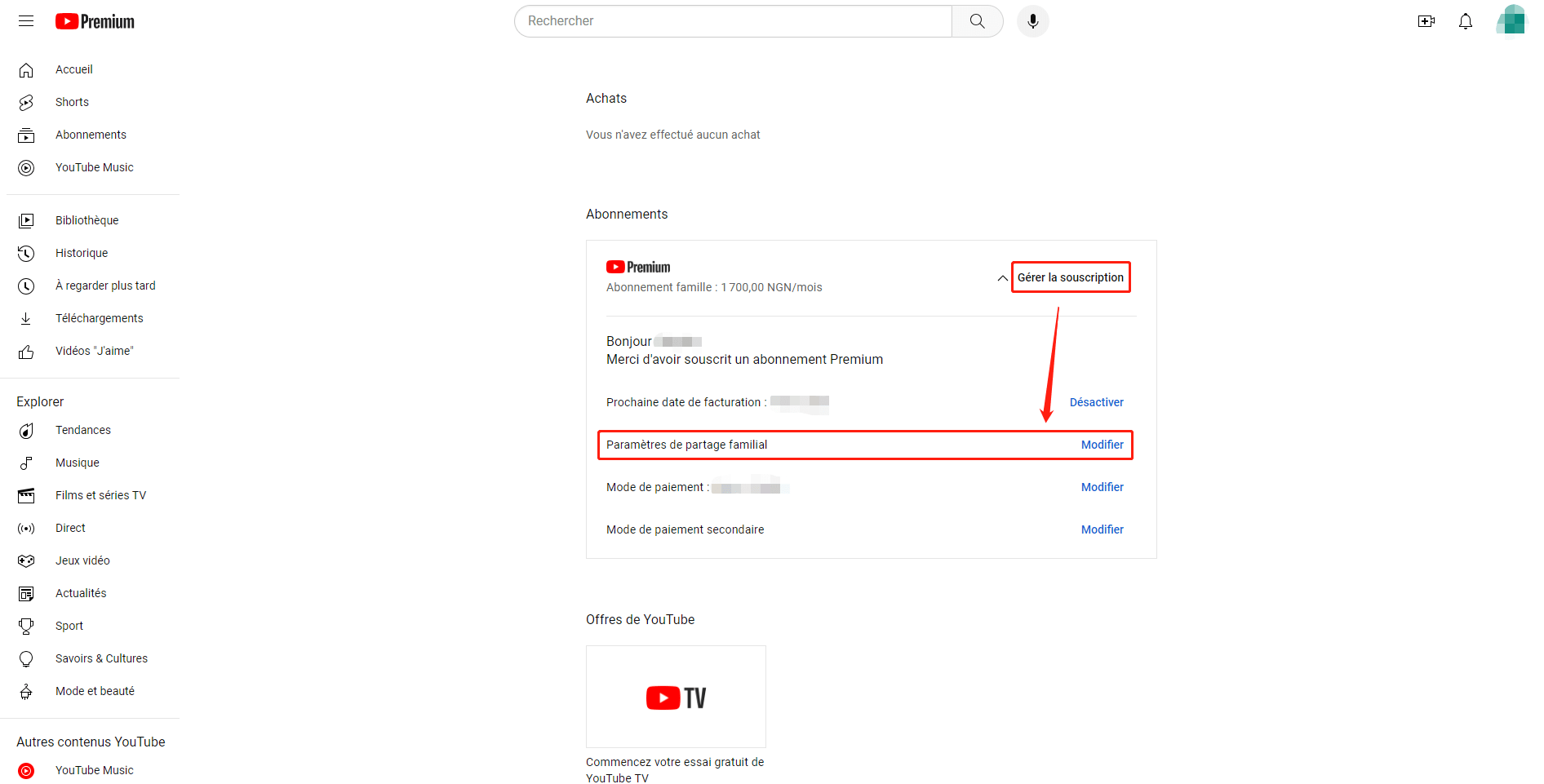 gérer l'abonnement YouTube Premium