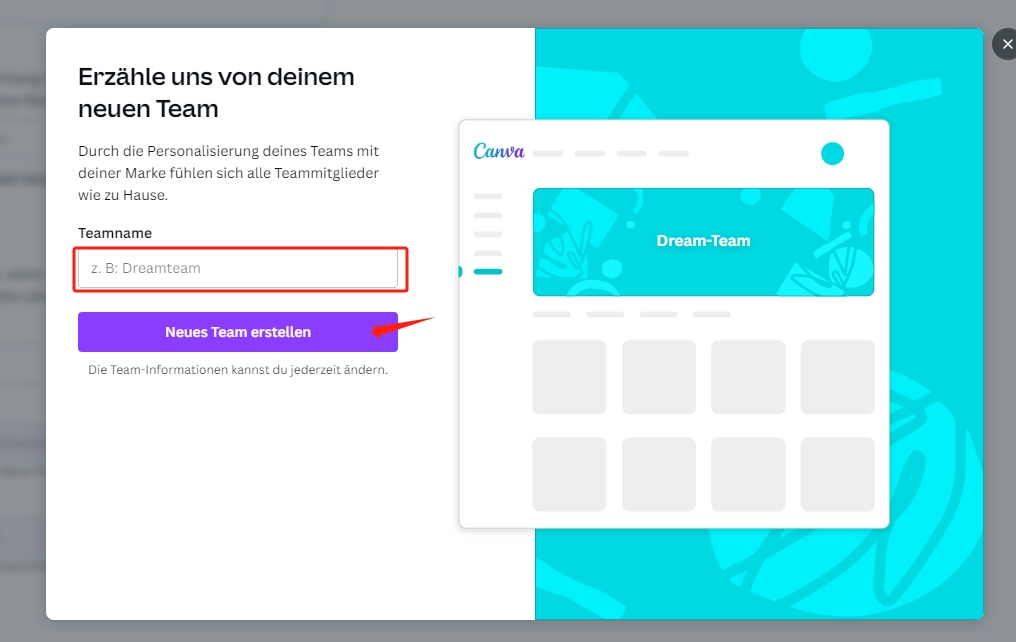 Erstellen Sie ein neues Canva für Teams
