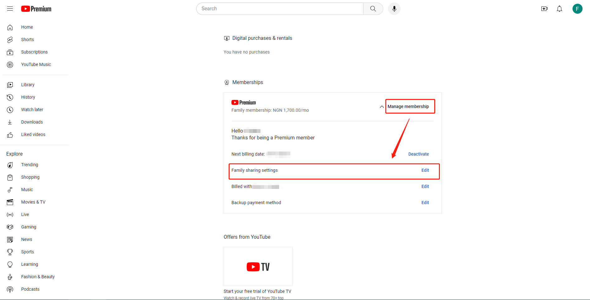 manage YouTube Premium membership