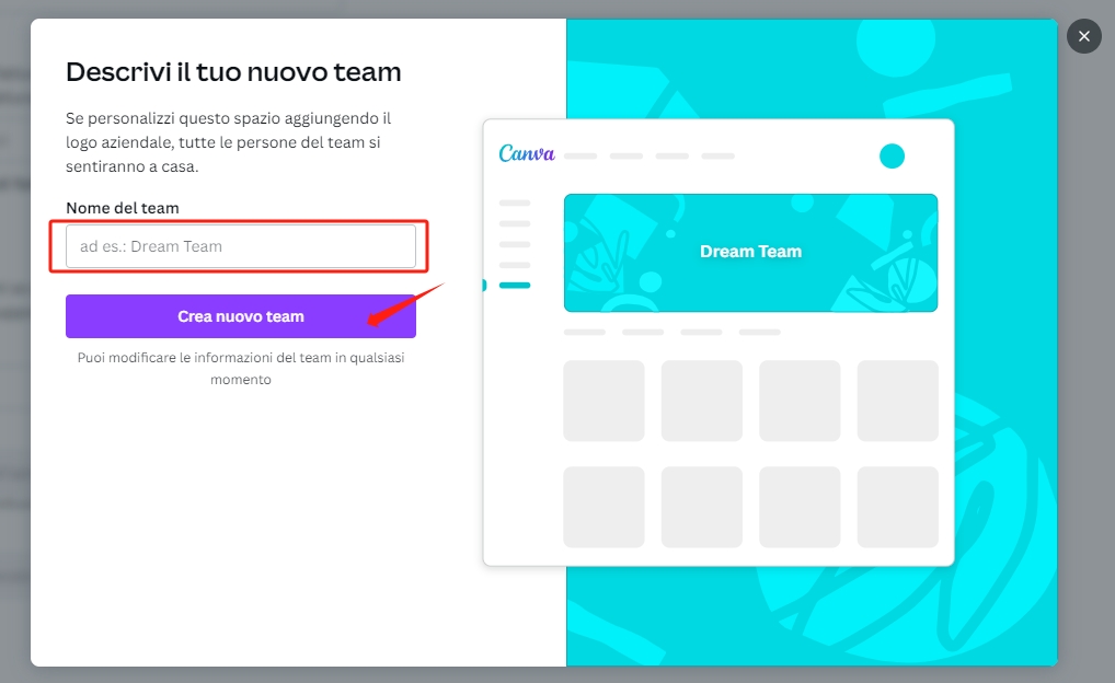 creare un nuovo Canva per i team