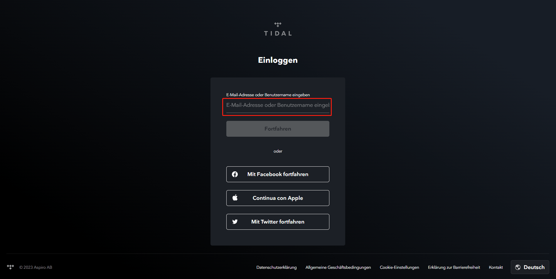 Anmeldung für das Tidal-Konto