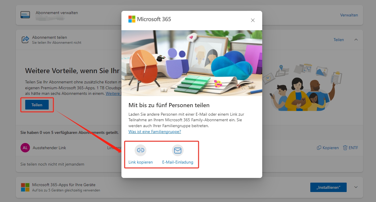 So teilen Sie ein Microsoft 365-Abonnement