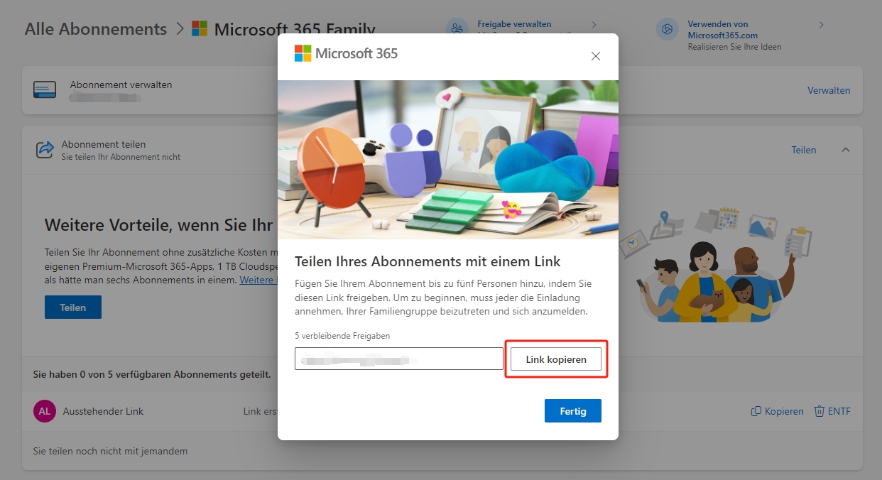 Laden Sie jemanden per Link ein, Microsoft 365 zu teilen