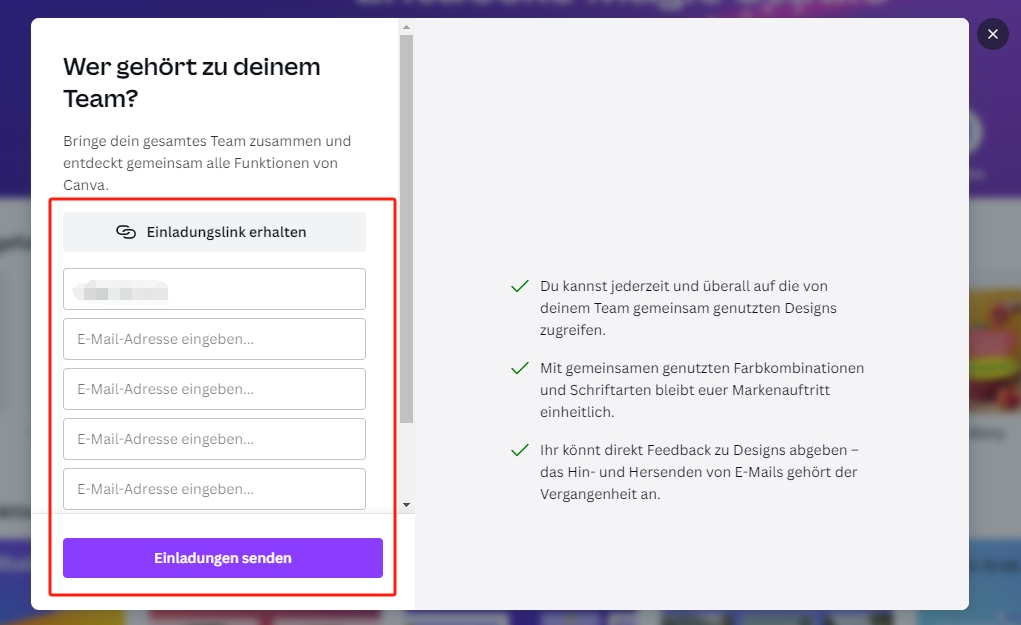 Laden Sie Mitglieder per E-Mail oder Einladungslink zu Canva ein