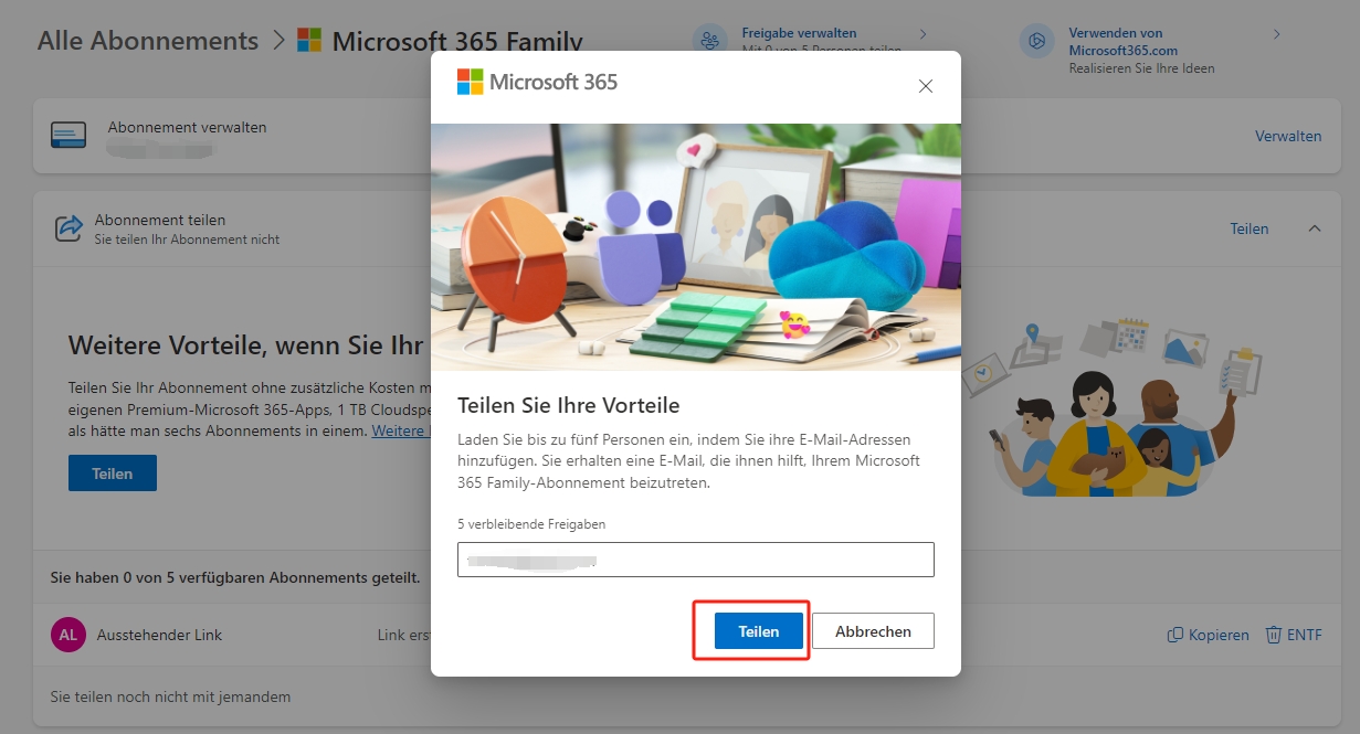 Laden Sie jemanden per E-Mail zum Teilen von Microsoft 365 ein