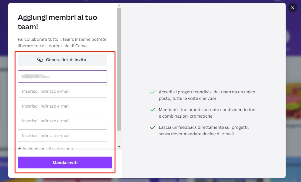 invitare membri a Canva tramite e-mail o collegamento di invito