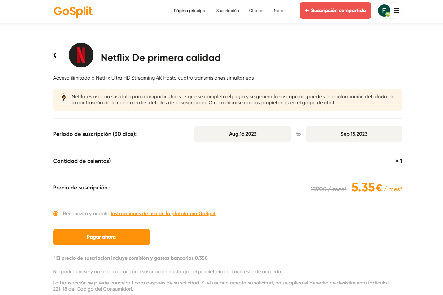 pago de suscripción compartida a netflix