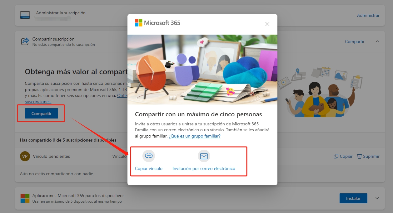 cómo compartir la suscripción a Microsoft 365