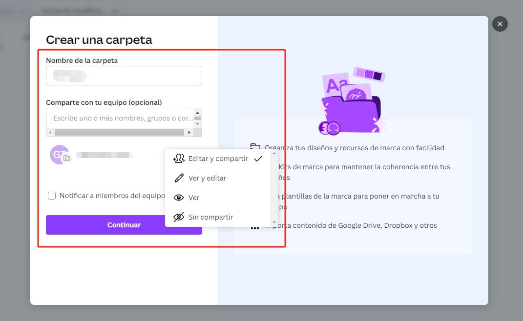 crear una carpeta de proyecto de Canva