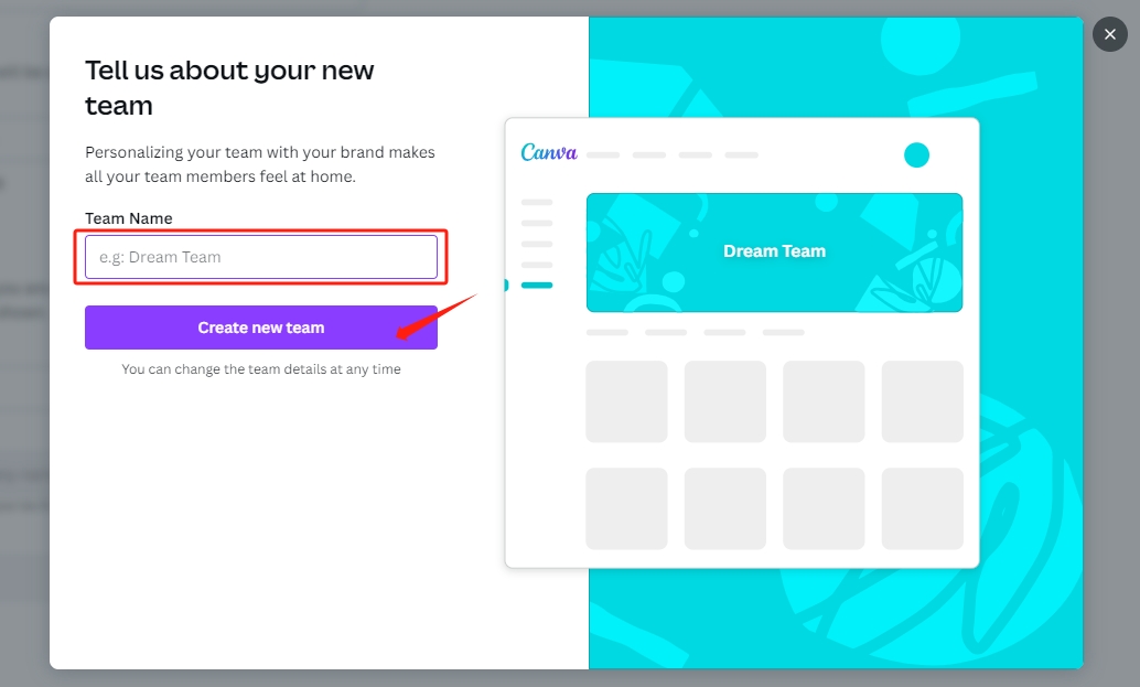 create new Canva team